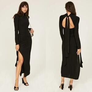 Something Navy Open Back Dress Long Sleeve Side Slit Evening Maxi Black Small